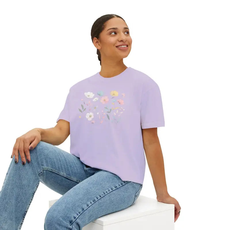 Boxy Tee - Spring Flowers Flowy Rolled Cuffs - DipaliZ