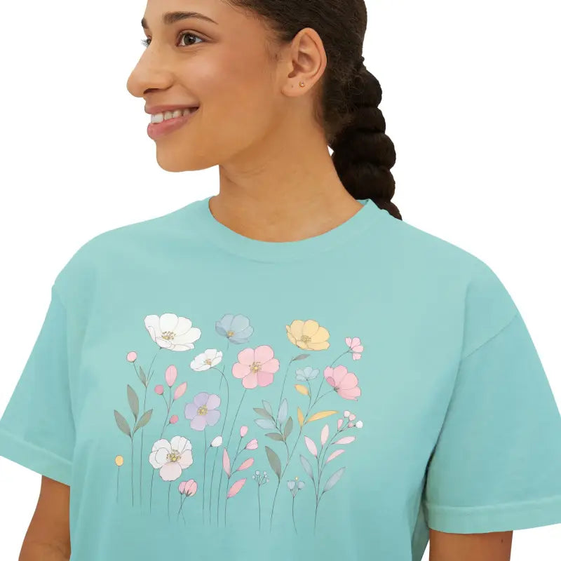 Boxy Tee - Spring Flowers Flowy Rolled Cuffs - DipaliZ