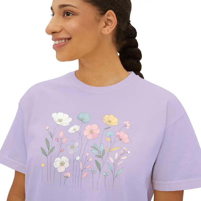 Boxy Tee - Spring Flowers Flowy Rolled Cuffs - DipaliZ