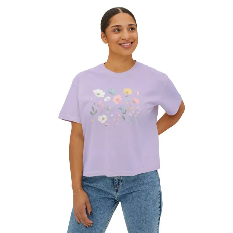 Boxy Tee - Spring Flowers Flowy Rolled Cuffs - DipaliZ