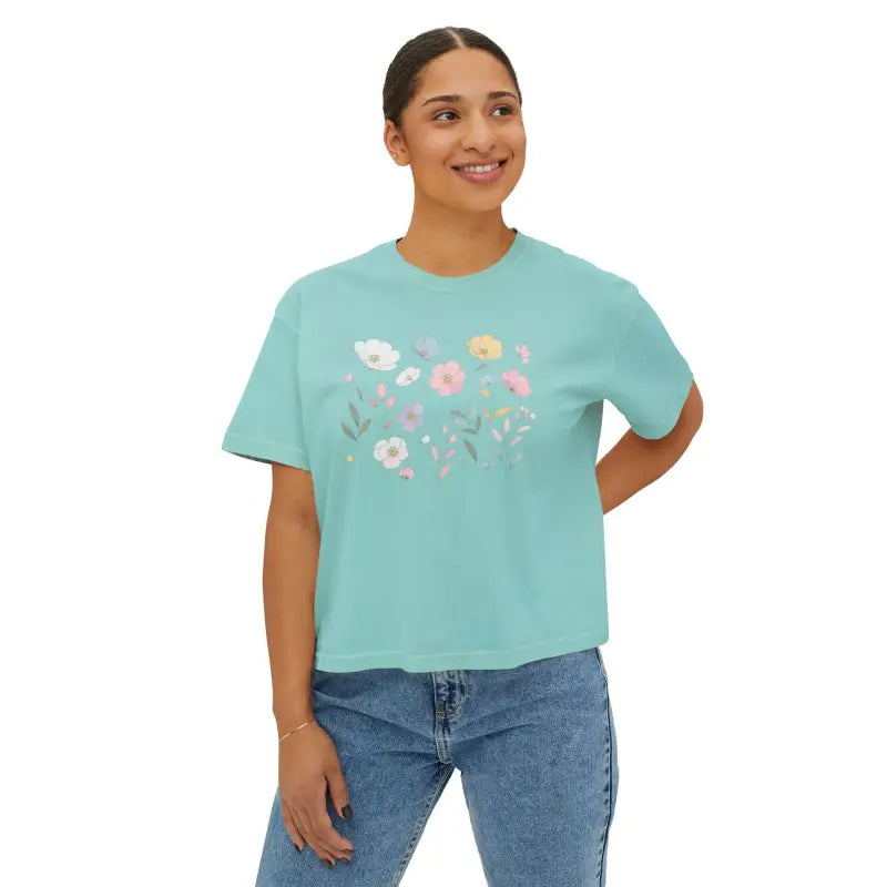 Boxy Tee - Spring Flowers Flowy Rolled Cuffs - DipaliZ