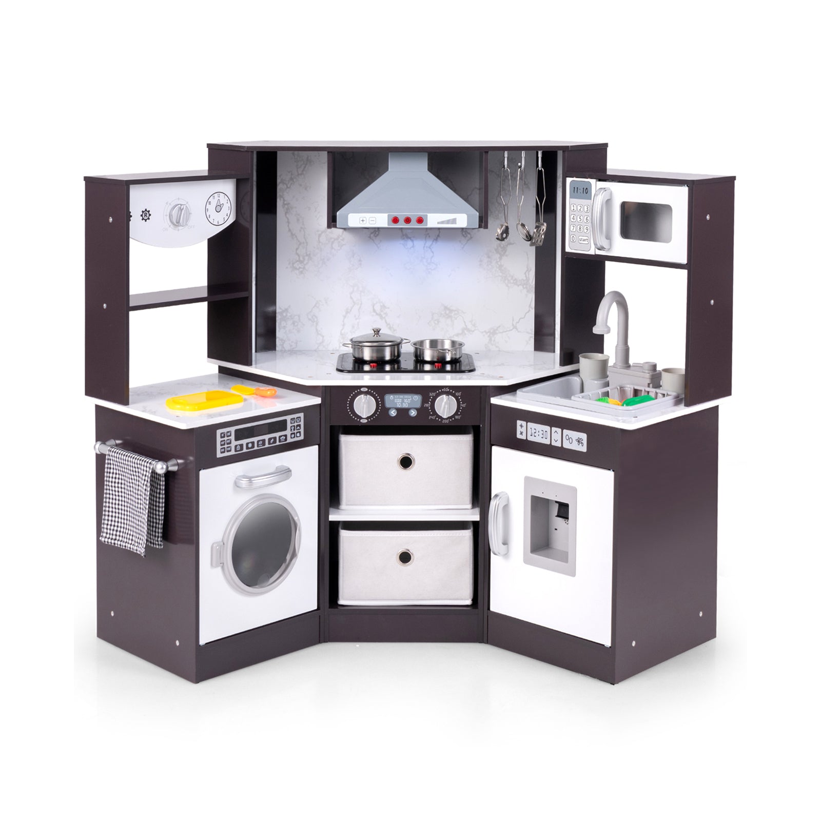 Wooden Kids Play Kitchen Playset with Realistic Lights and Sounds-Coffee