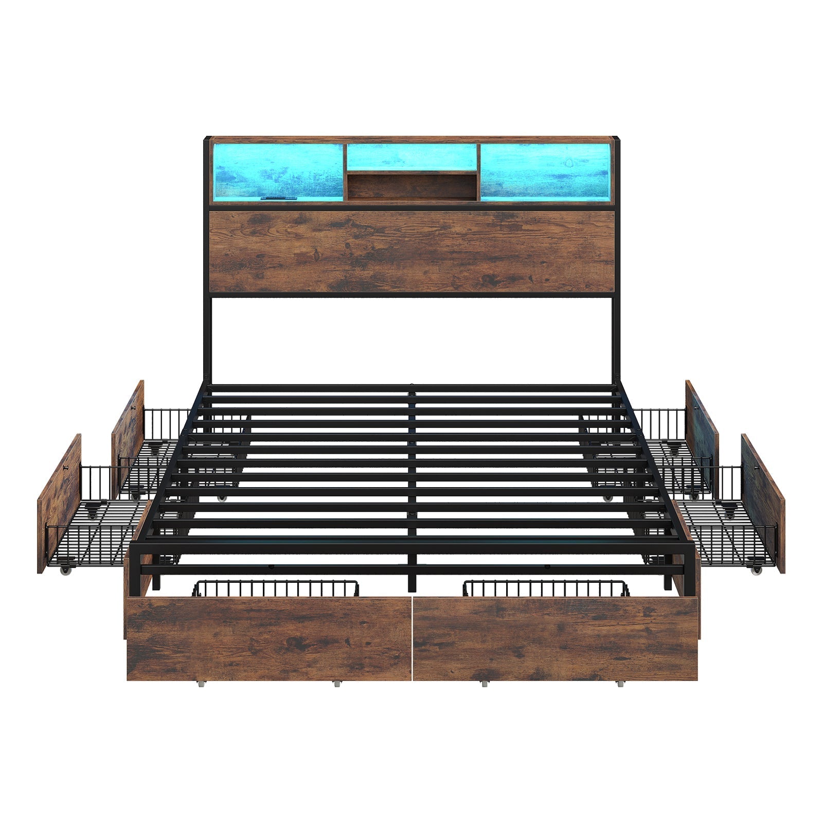 Full LED Bed Frame with LED, USB Charging, Storage Drawers, No Box Spring Needed - Vektaya