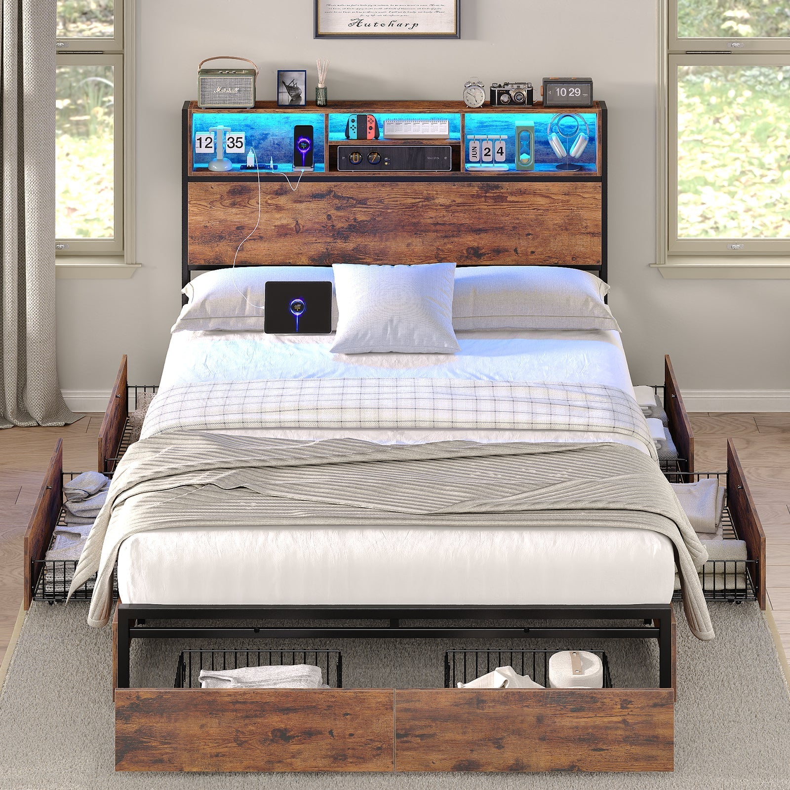 Full LED Bed Frame with LED, USB Charging, Storage Drawers, No Box Spring Needed - Vektaya