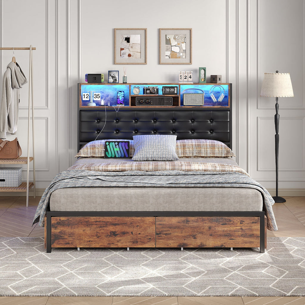 Full RGB LED Bed Frame with RGB LED, USB Charging, Storage Drawers, No Box Spring Needed - Vektaya