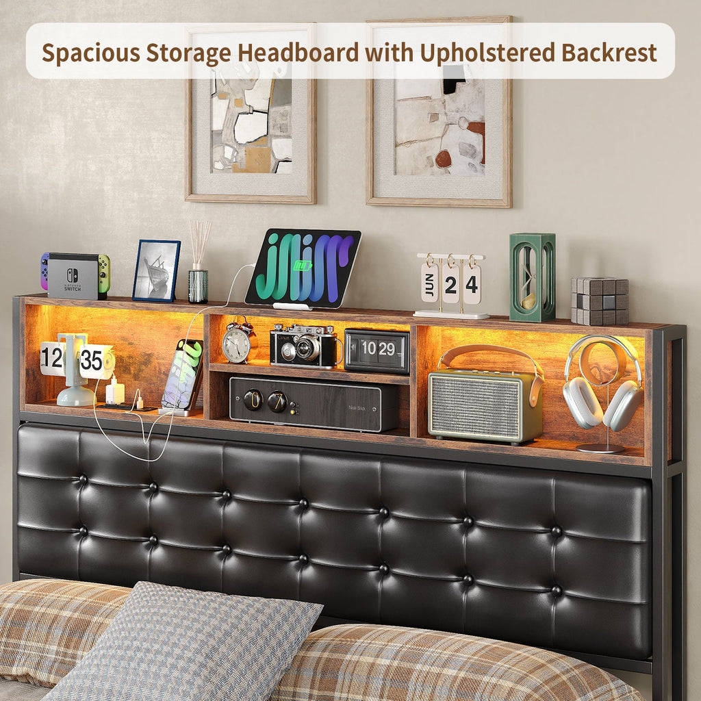Full RGB LED Bed Frame with RGB LED, USB Charging, Storage Drawers, No Box Spring Needed - Vektaya