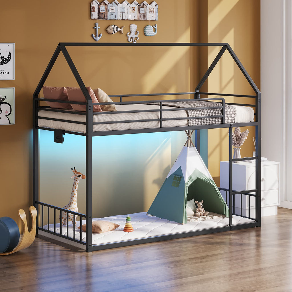 Twin Metal Bunk Bed with RGB LED, USB Charging - Vektaya