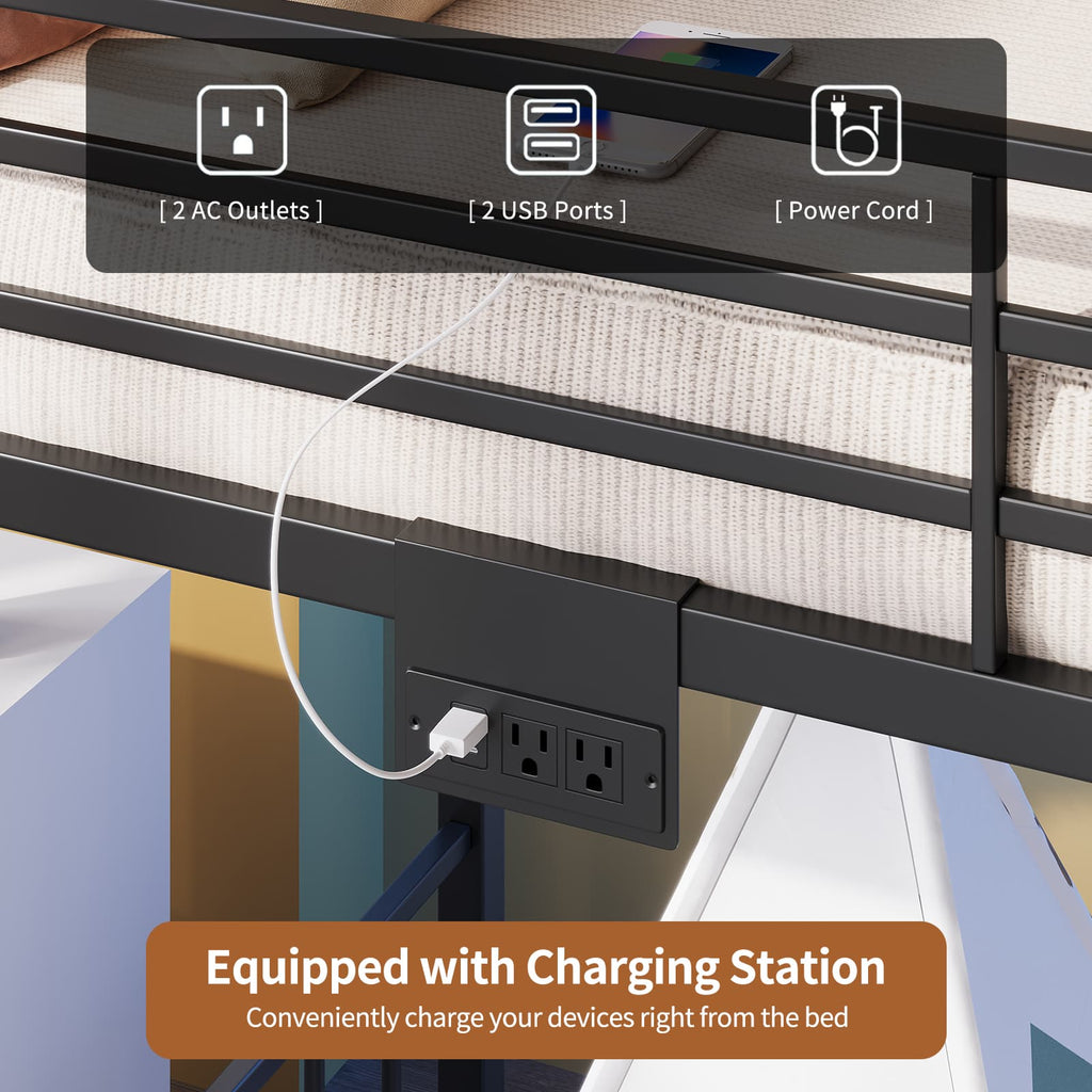 Twin Metal Bunk Bed with RGB LED, USB Charging - Vektaya
