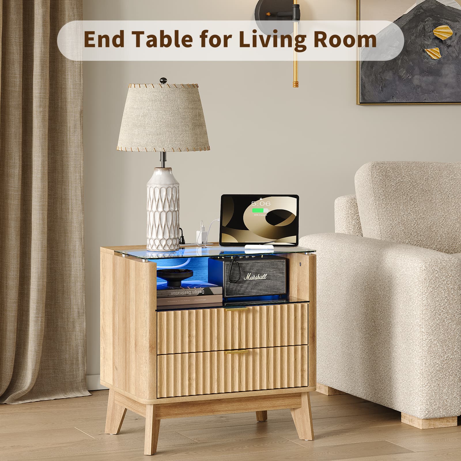 23" Fluted LED Nightstand with Charging Station, Drawers, Oak - Vektaya