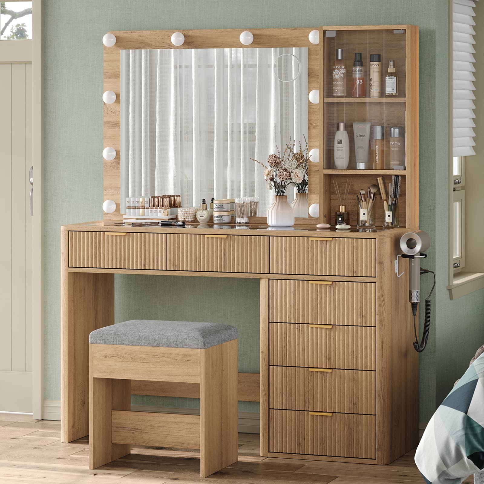 7-Drawer LED Mirror Vanity Desk - Vektaya