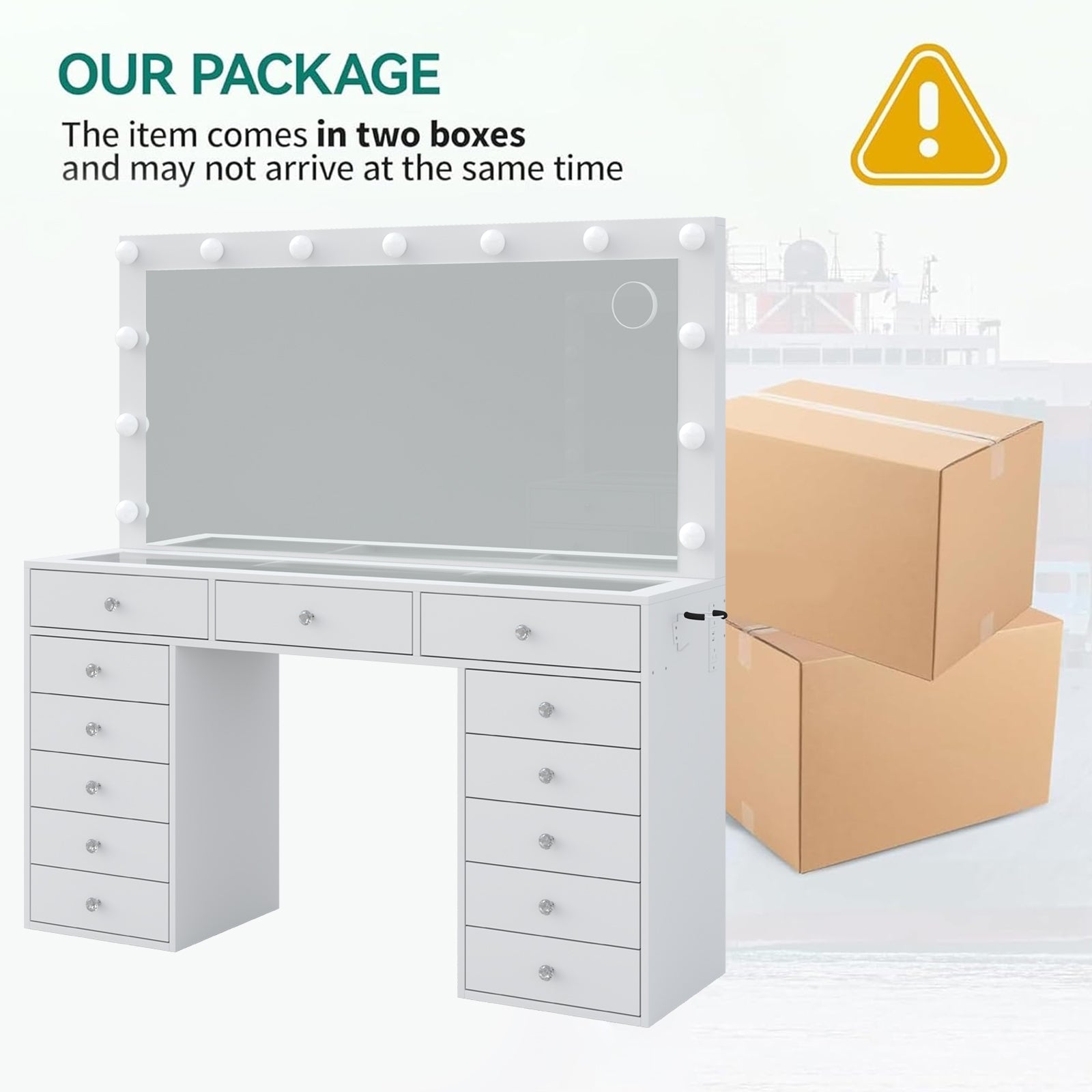 13-Drawer LED Mirror Vanity Desk - Vektaya