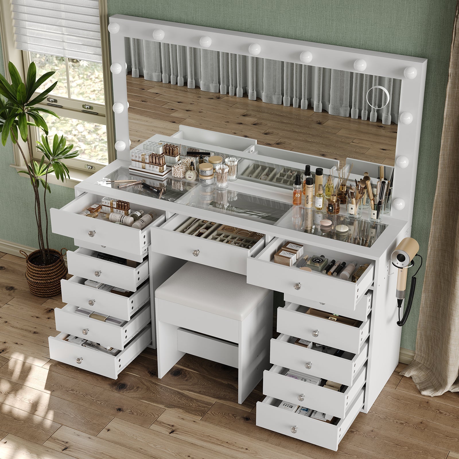 13-Drawer LED Mirror Vanity Desk - Vektaya