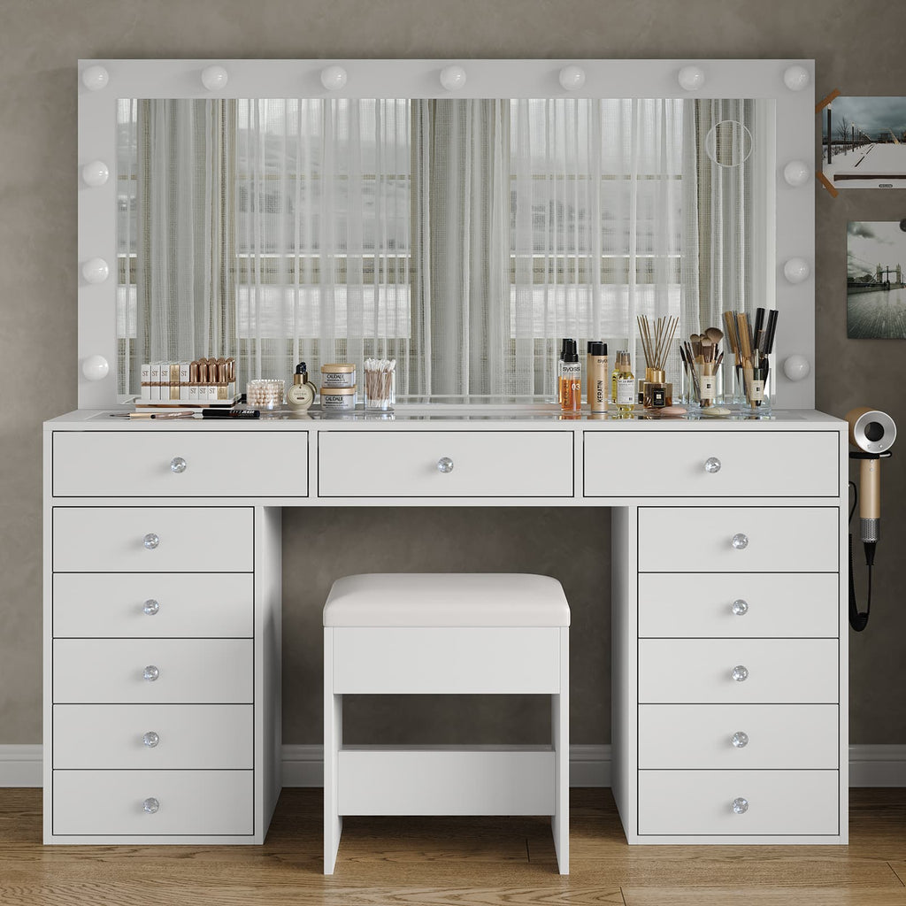 13-Drawer LED Mirror Vanity Desk - Vektaya