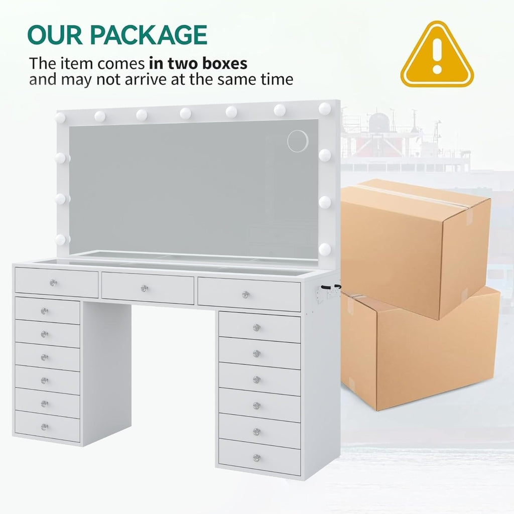 15-Drawer LED Mirror Vanity Desk - Vektaya