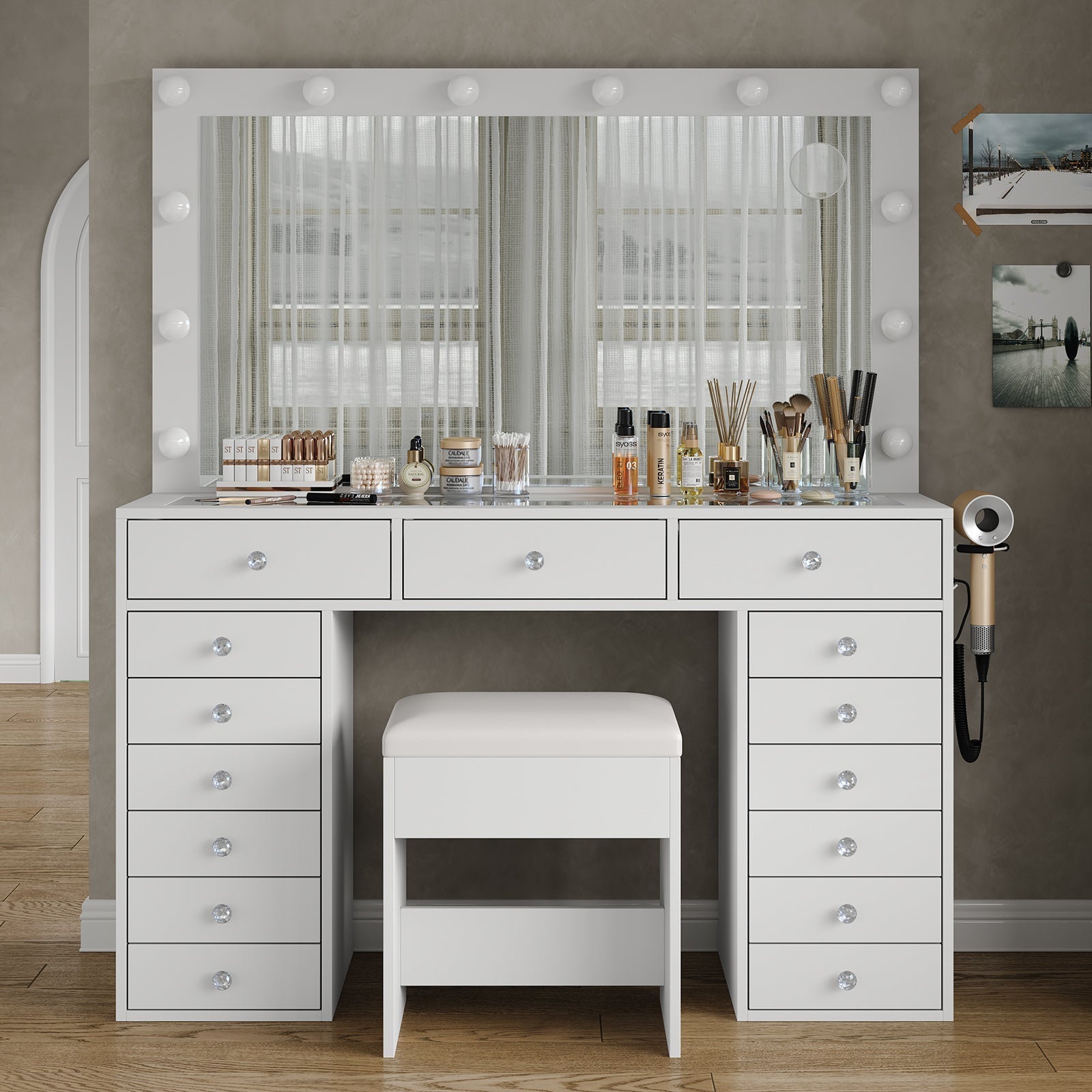 15-Drawer LED Mirror Vanity Desk - Vektaya