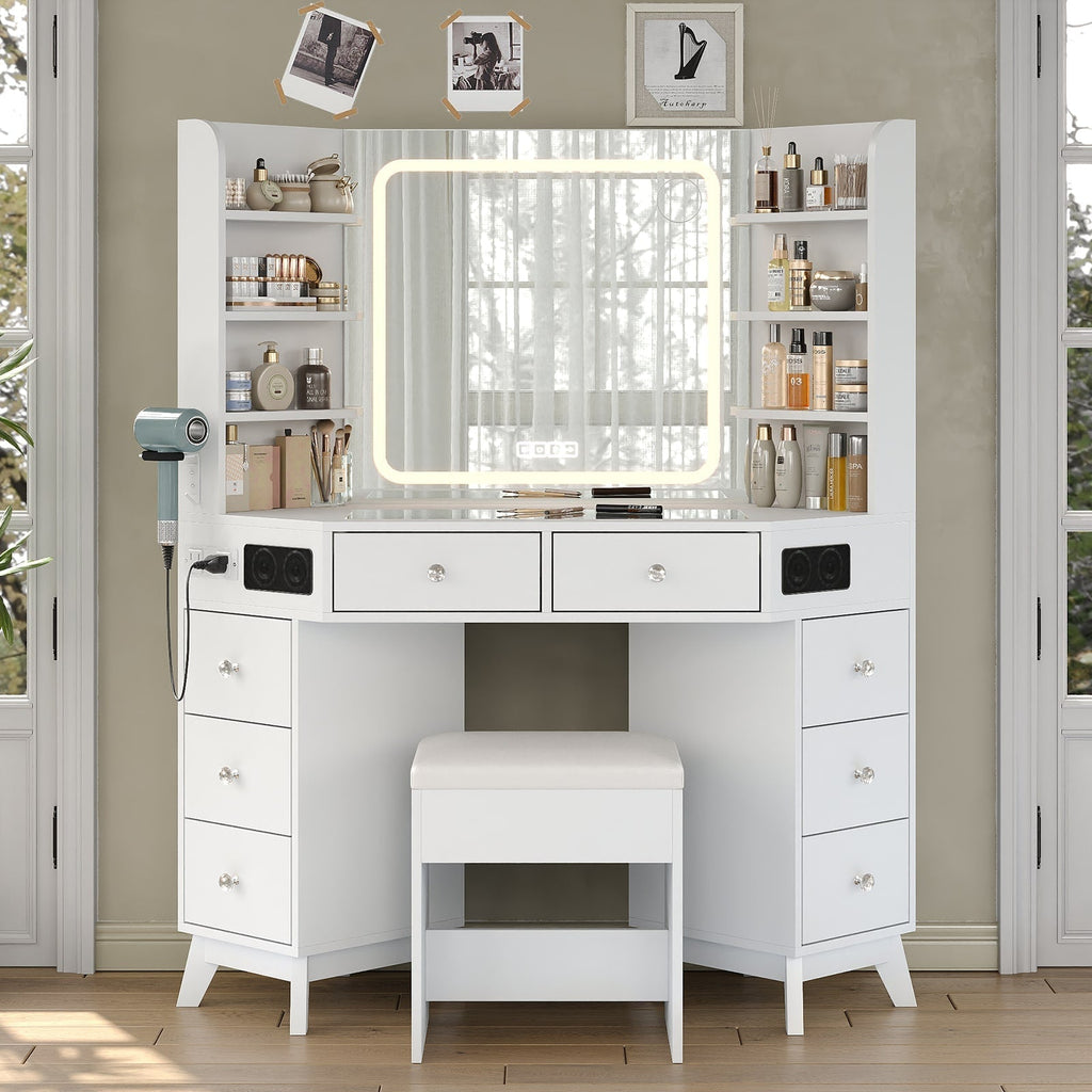 Yanosaku VD021 Corner Makeup Vanity, Mirror, Lights, Bluetooth, White