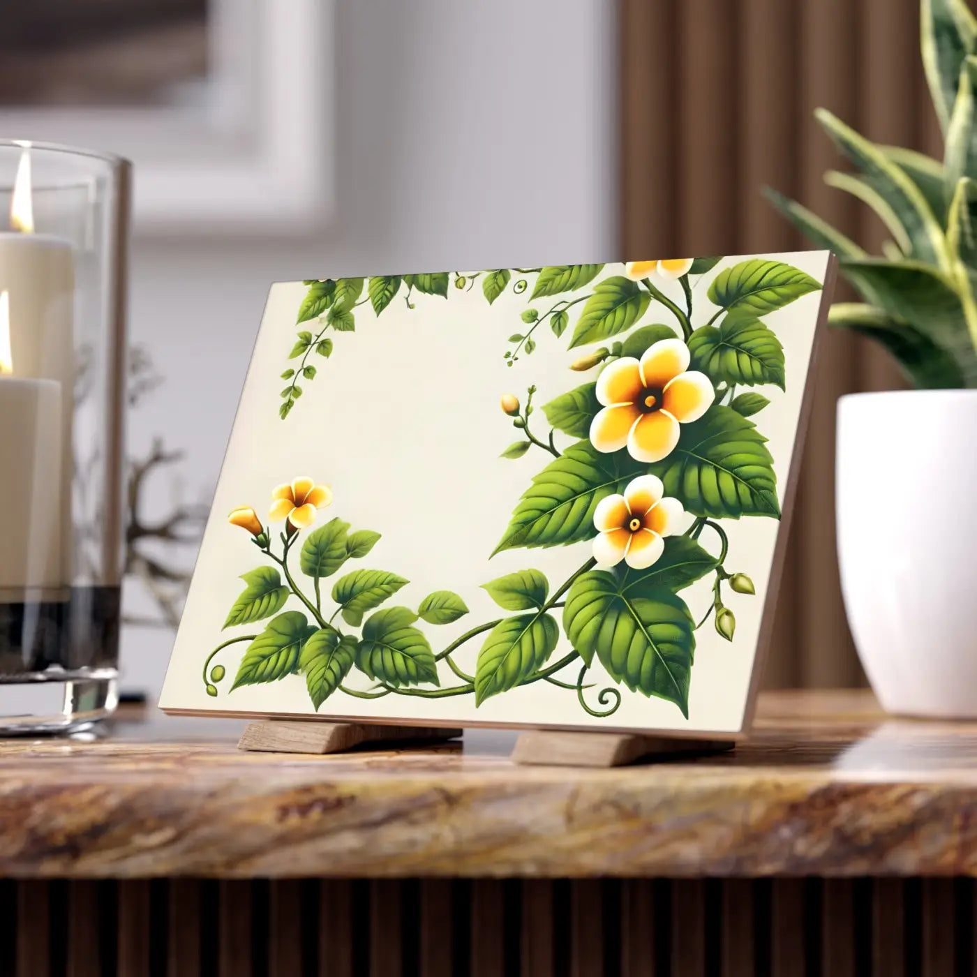 Ceramic Photo Tile - Yellow Trumpet Flowers Design - DipaliZ