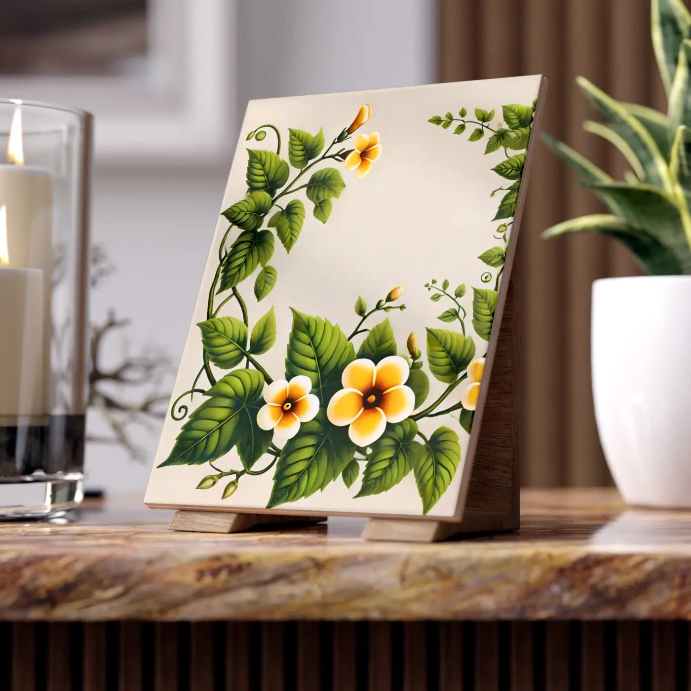 Ceramic Photo Tile - Yellow Trumpet Flowers Design - DipaliZ