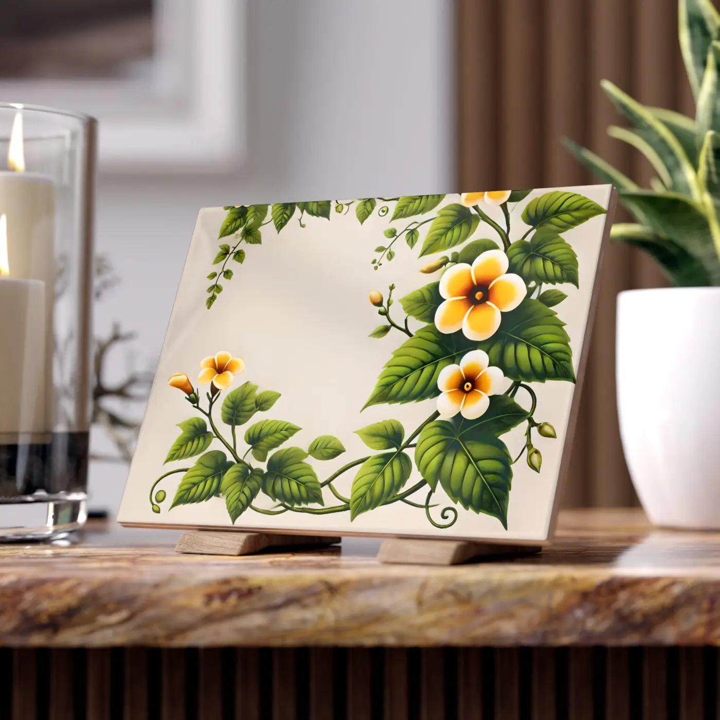 Ceramic Photo Tile - Yellow Trumpet Flowers Design - DipaliZ